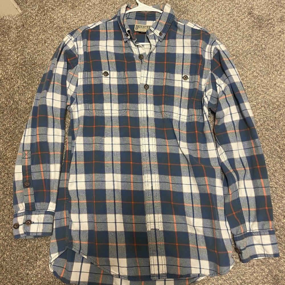 Duluth Trading Co. Men's Small Blue, Orange and White Plaid Flannel